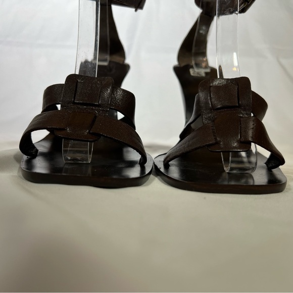 BCBGMaxAzria Brown Leather Strappy Ankle Strap 4” Wedge Sandals Size 8.5 39 - Picture 7 of 15